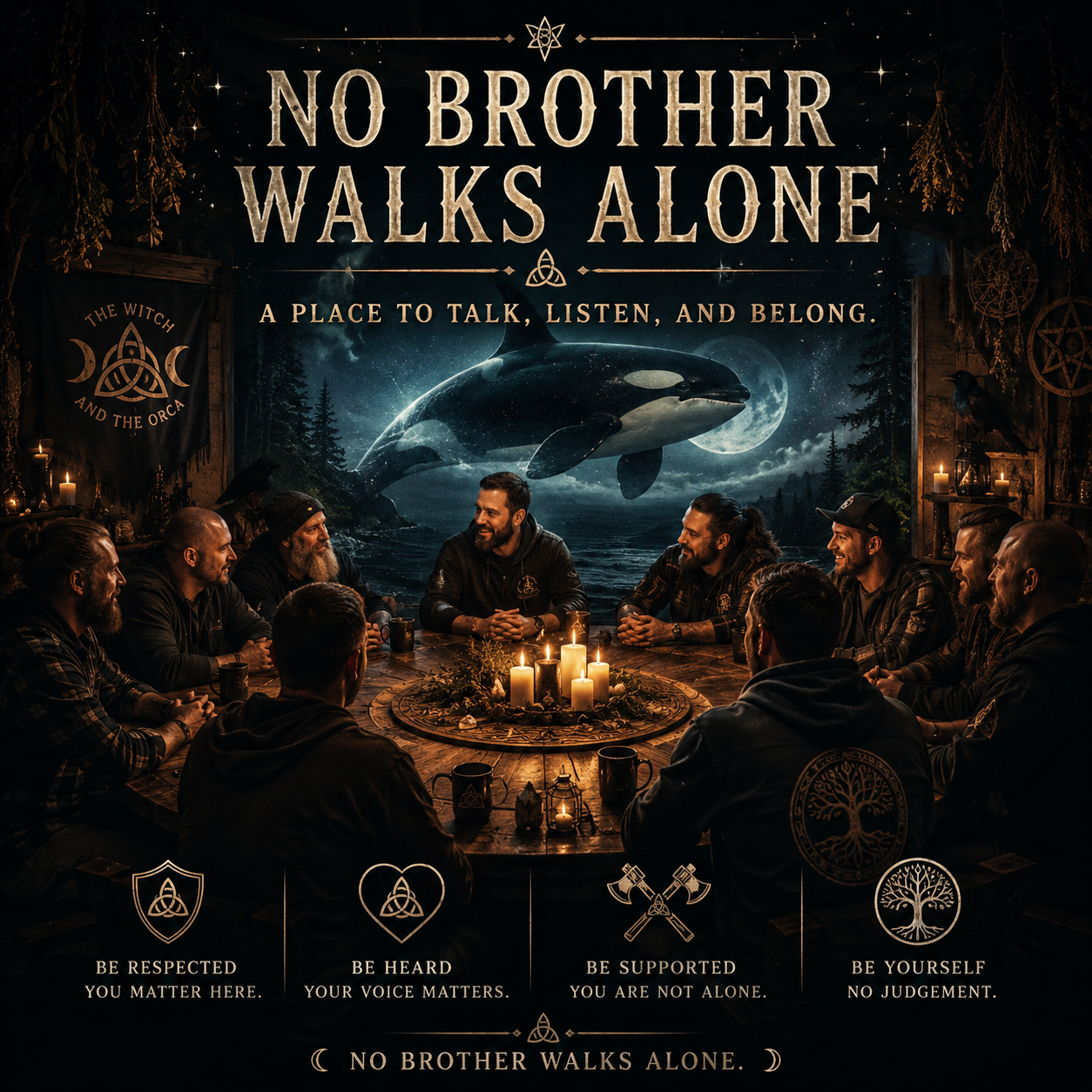 Men sitting together around a candlelit table with an orca and moon in the background, beneath the words 'A Place to Talk, Listen, and Belong'