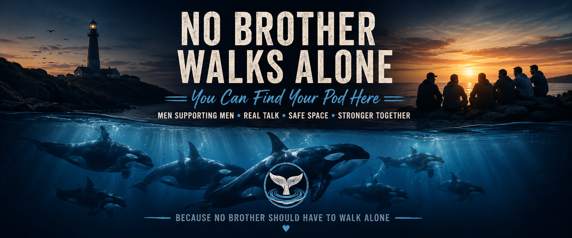 No Brother Walks Alone banner: men gathered by the sea at sunset with orcas swimming below and the words 'You Can Find Your Pod Here'