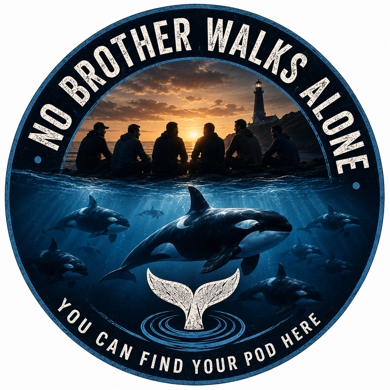 Circular No Brother Walks Alone emblem showing men on the shore at sunset, orcas beneath the waves, and the words 'You Can Find Your Pod Here'