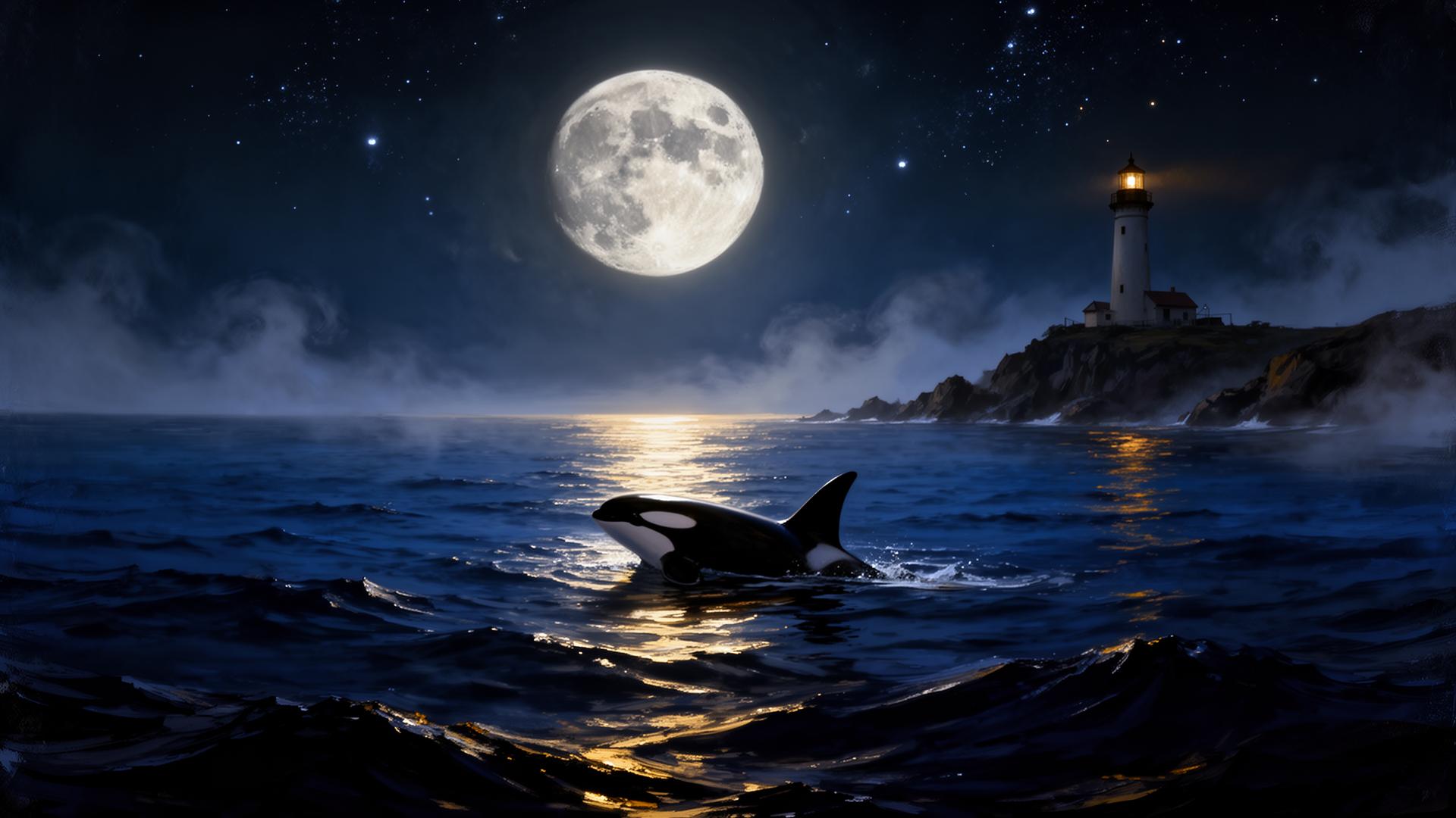 Moonlit ocean with orca and lighthouse