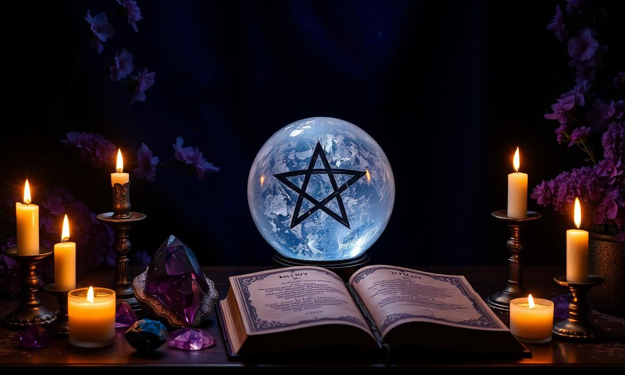 Mystical altar with crystal ball and candles